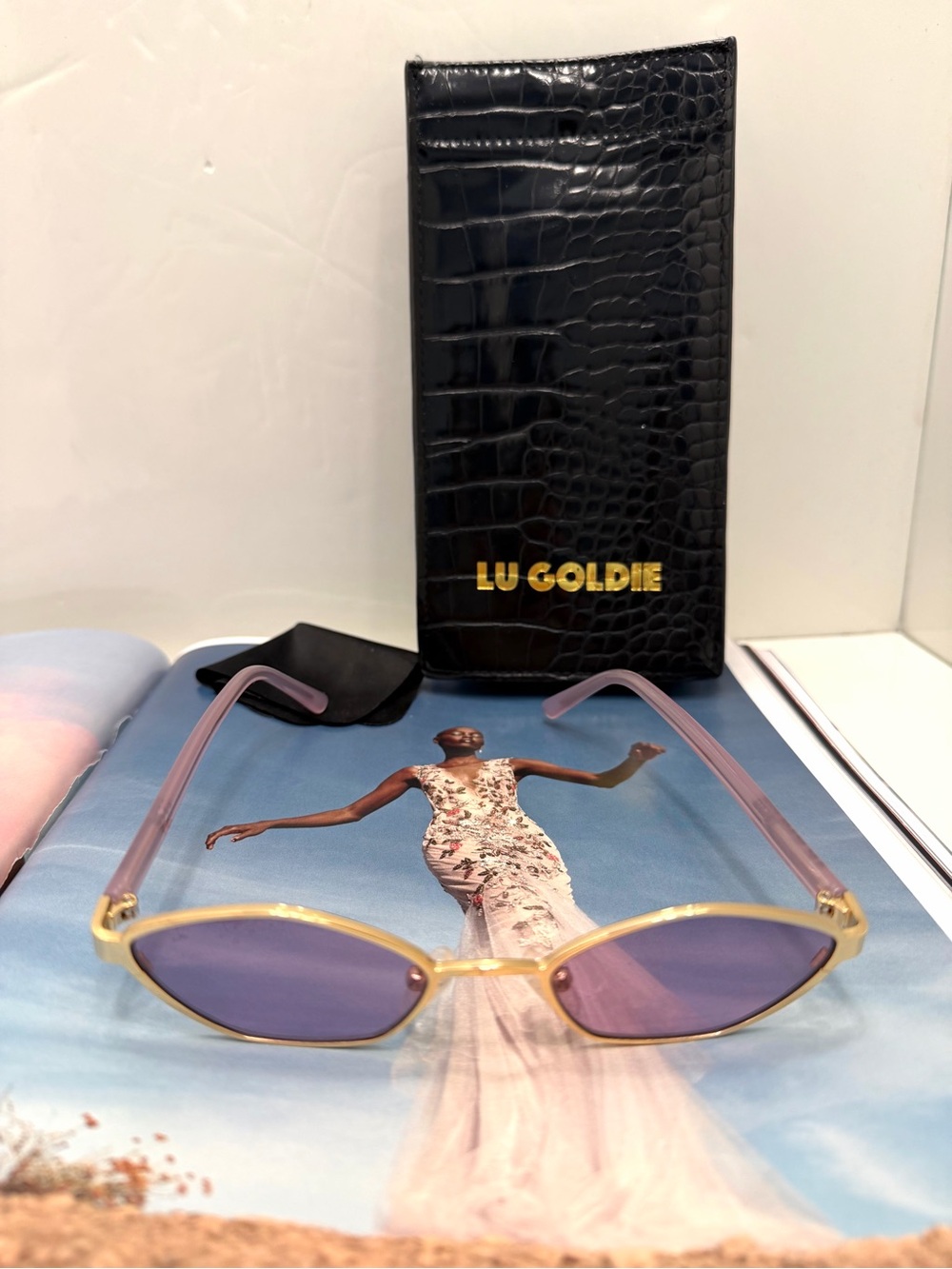 Lu Goldie Abstracted Purple Lens Sunglasses with Gold Frame $287.